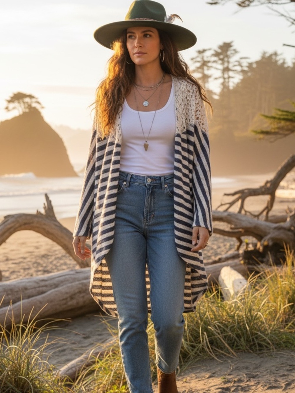 Umgee Striped Open Knit Kimono Cardigan Navy Gray Oversized Boho Duster